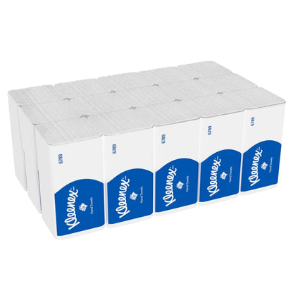 A carton contains 15 packs of Kleenex® folded hand towels interfold (white) with 186 sheets each, by Kimberly-Clark GmbH - ideal hygienic paper towels for daily use.