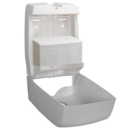 A wall-mounted dispenser with an open front shows a stack of Kleenex® folded hand towels interfold white (15 clips x 186 sheets) by Kimberly-Clark GmbH.