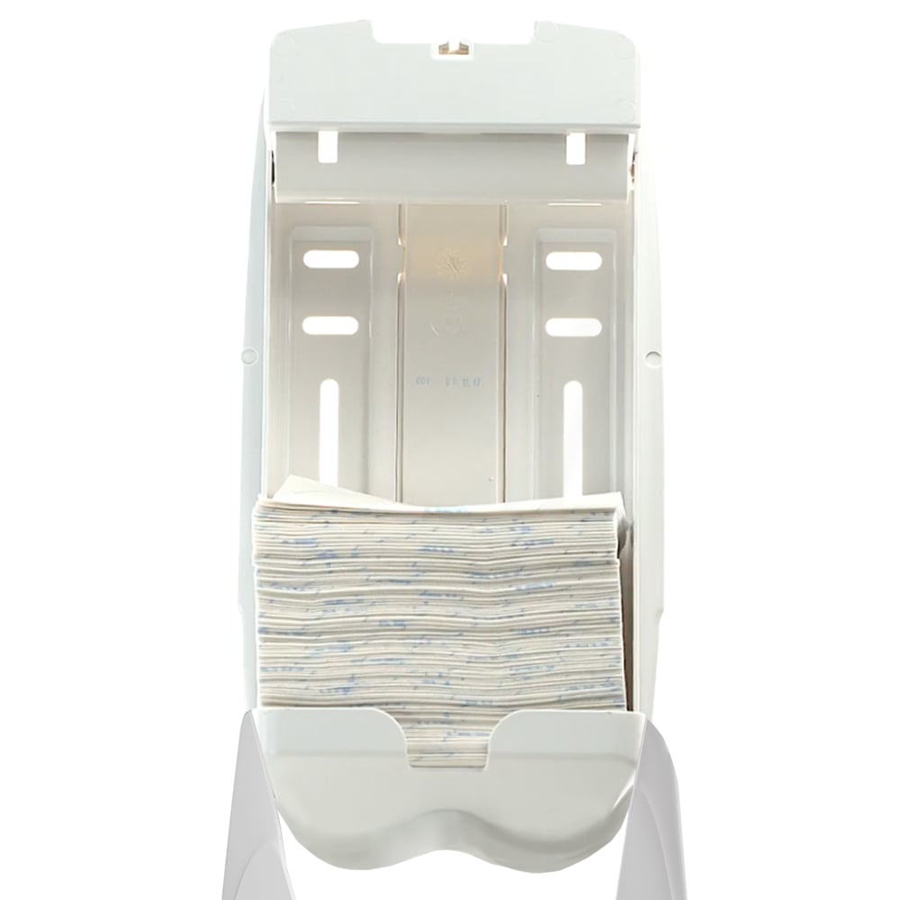 The Aquarius™ toilet paper dispenser by Kimberly-Clark GmbH is a white, wall-mounted dispenser for hygienic storage. It is shown from the front with the lid open and contains folded paper towels with blue markings.