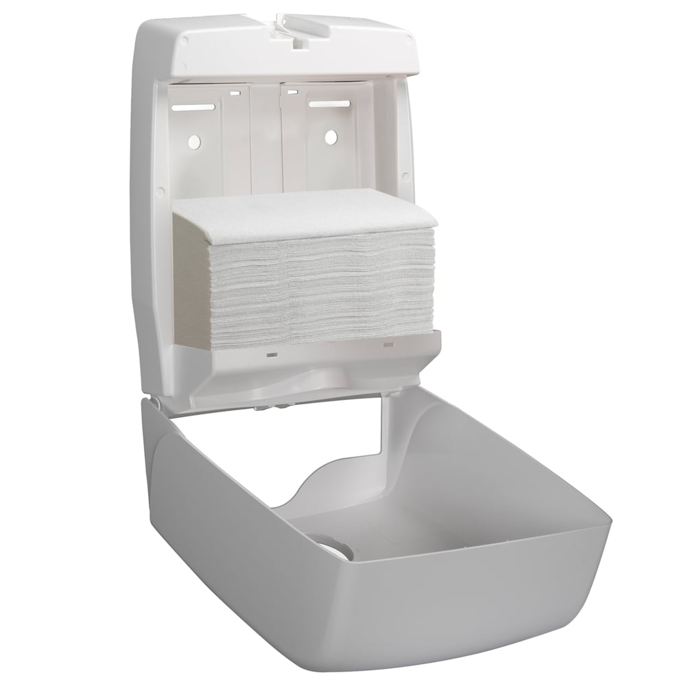 A white, wall-mounted Kimberly-Clark Aquarius™ dispenser for folded towels (C-fold) with an open lid and paper towels inside - ideal for hygienic towel dispensing. 1 dispenser, white.