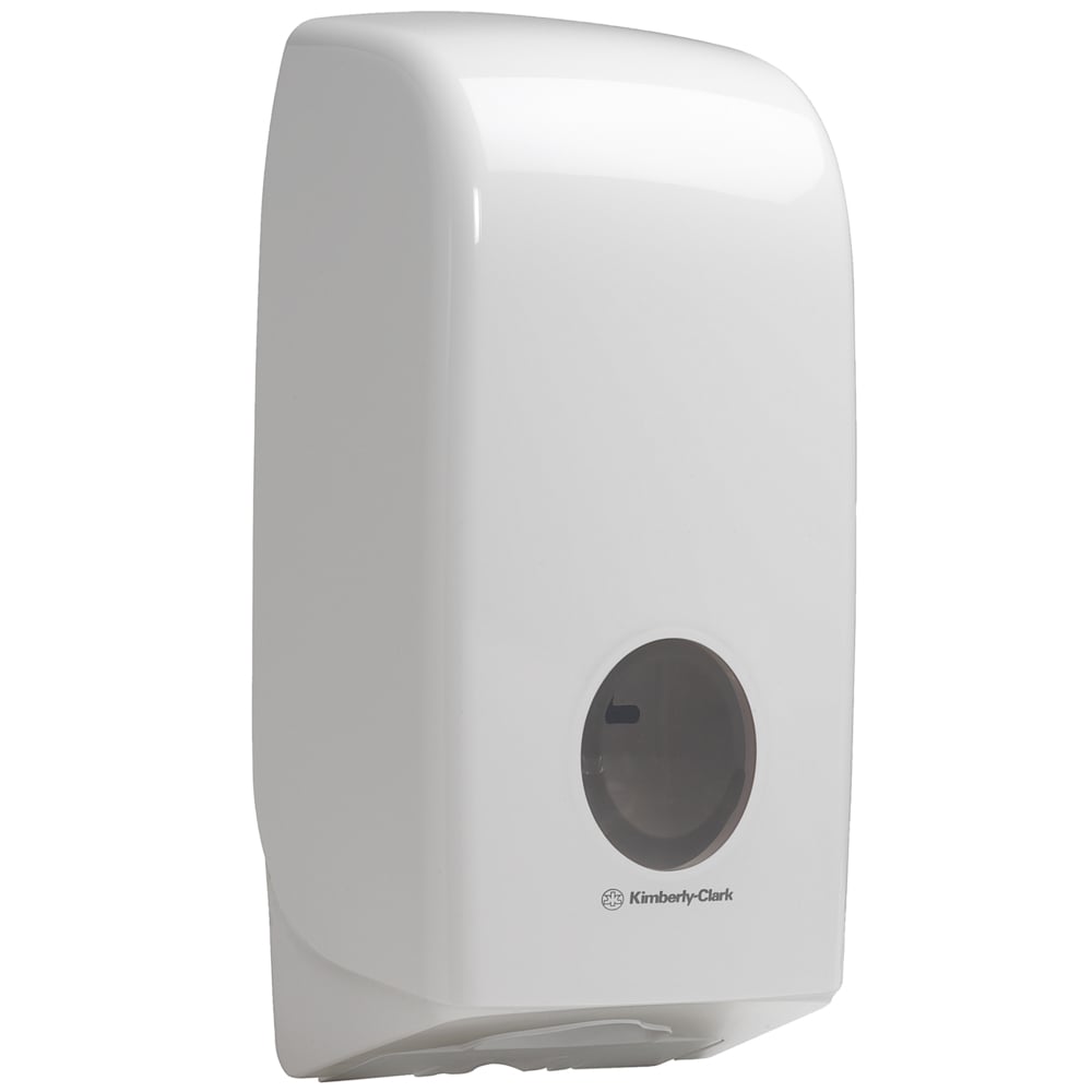 The Aquarius™ toilet paper dispenser in white by Kimberly-Clark GmbH is a wall-mounted, rectangular dispenser with a small, transparent window for the towel fill level, ideal for hygienic storage in any environment.