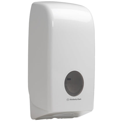 The Aquarius™ toilet paper dispenser in white by Kimberly-Clark GmbH is a wall-mounted, rectangular dispenser with a small, transparent window for the towel fill level, ideal for hygienic storage in any environment.