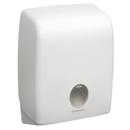 The Aquarius™ dispenser for folded towels (C-fold, white) from Kimberly-Clark GmbH is a wall-mounted, white dispenser with a rounded rectangular shape and a viewing window. Perfect for C-fold paper towels.