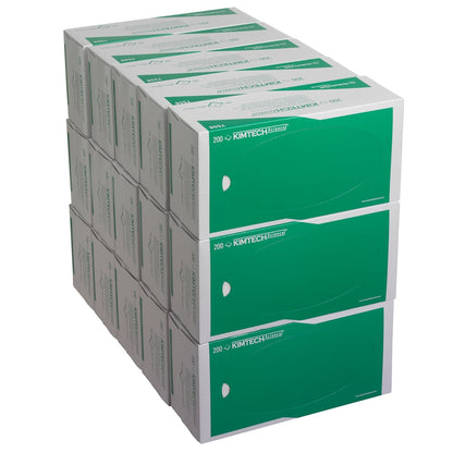 A stack of fifteen boxes of Kimtech® Science precision wipes from Kimberly-Clark, each with 200 white wipes - ideal for cleaning sensitive surfaces. Total: 15 cartons x 200 sheets per carton.