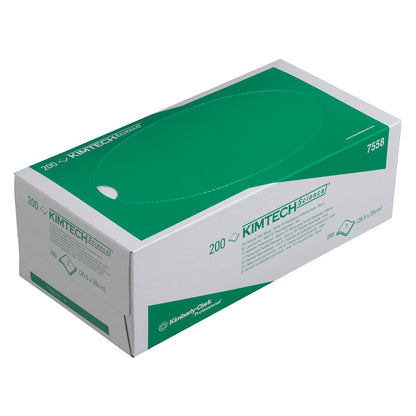 A green-white Kimberly-Clark box labeled "Kimtech® Science precision wipes" contains 200 white laboratory wipes for cleaning sensitive surfaces, with model 7558 on the box and an oval opening on the top (15 x 200 wipes/carton).