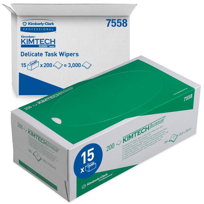 A box of Kimberly-Clark GmbH Kimtech® Science precision wipes (white) with label and quantity is depicted in front of the opened packaging. Each carton contains 15 boxes, each with 200 precision wipes for cleaning sensitive surfaces.