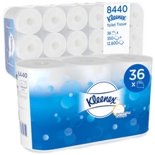 A carton from Kimberly-Clark GmbH with six packs of Kleenex® toilet paper, each with 6 white rolls (350 sheets per roll), totaling 36 rolls and 12,600 sheets; the packaging is designed in white and blue.