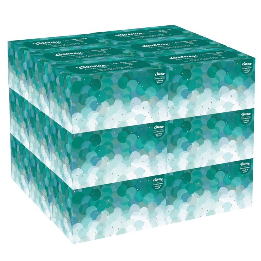 Three rows of four Kleenex® Ultra™ hand towels (Interfold, white, medium, 70 per pack) from Kimberly-Clark GmbH are stacked; each box features a green-and-white circular design with the Kleenex logo on the left, promoting hygienic hands.