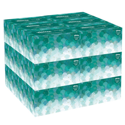 Three rows of four Kleenex® Ultra™ hand towels (Interfold, white, medium, 70 per pack) from Kimberly-Clark GmbH are stacked; each box features a green-and-white circular design with the Kleenex logo on the left, promoting hygienic hands.