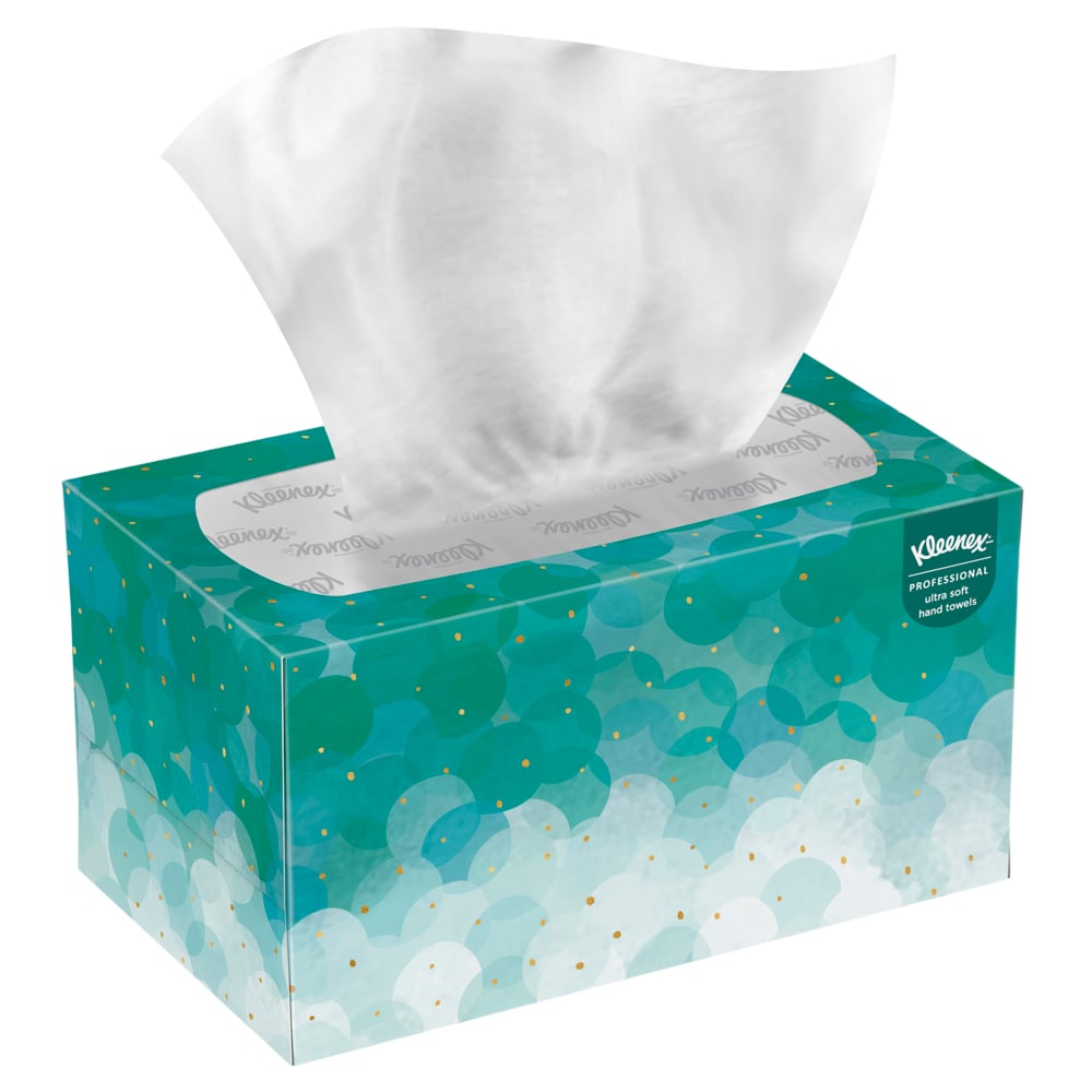 A pack of 70 white Kleenex® Ultra™ Interfold hand towels from Kimberly-Clark GmbH, ideal for keeping your hands clean in any setting—compact, convenient, and easy to pull out from the top opening.