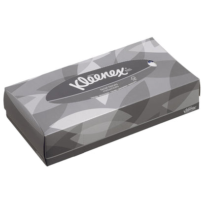 A rectangular box of Kleenex® facial tissues - Standard / White from Kimberly-Clark GmbH with gray geometric design and oval opening - perfect for facial cleansing or makeup removal.