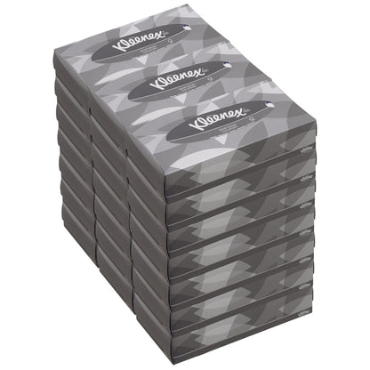 A stack of ten Kleenex® facial tissues - Standard / White from Kimberly-Clark GmbH, with gray geometric design, ideal for makeup removal and facial cleansing, with the Kleenex logo on each box.