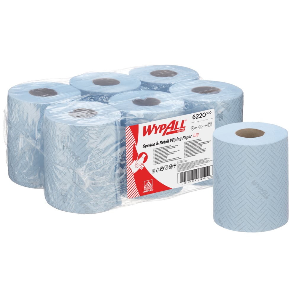 Pictured are six blue rolls of WypAll® Reach™ paper towels for cleaning in service & retail - central dispensing by Kimberly-Clark GmbH, five wrapped in plastic and one unwrapped with clearly visible labeling and product information.