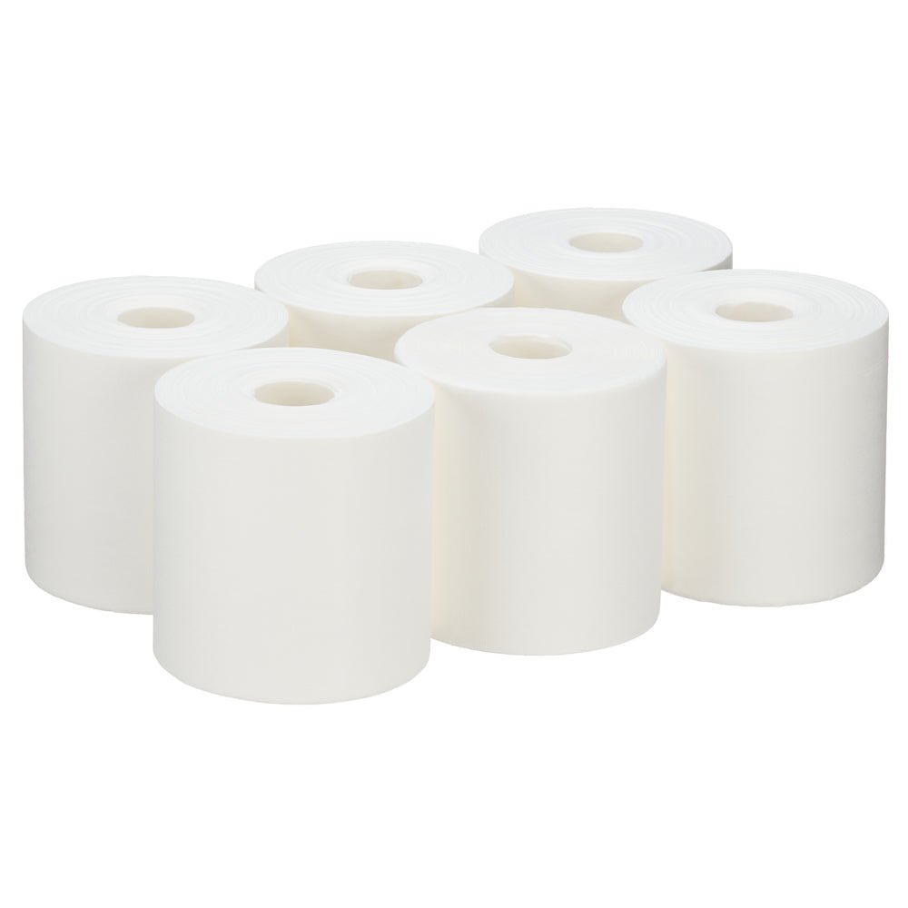 Six WypAll® Wettask™ PowerClean rolls by Kimberly-Clark GmbH (white, 6 refills of 60 wipes each) are arranged in two rows. Each roll has a central hole and smooth edges - ideal for professional cleaning.