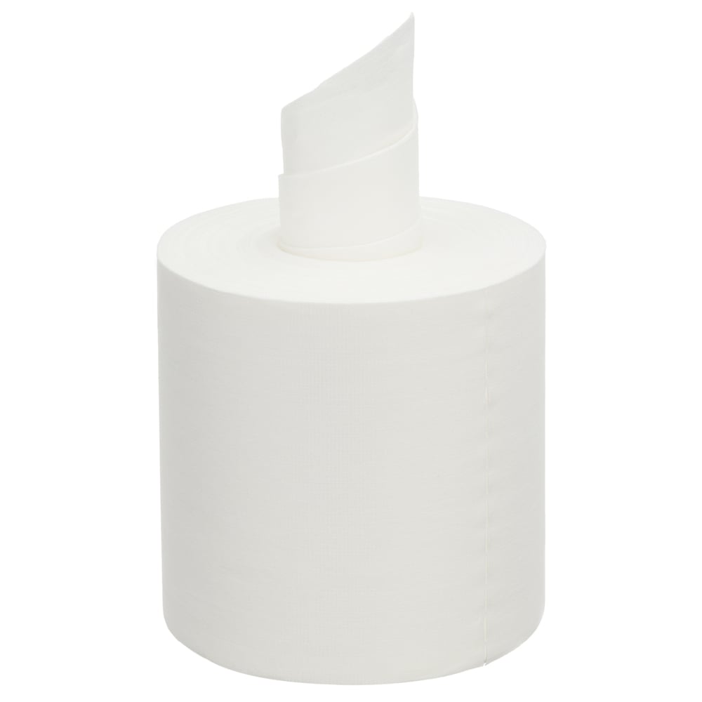 Close-up of an unused WypAll® Wettask™ PowerClean roll (White, 6 refill packs × 60 sheets | Box) by Kimberly-Clark GmbH, with a sheet pulled up - ideal for professional cleaning, displayed upright on a plain white background.