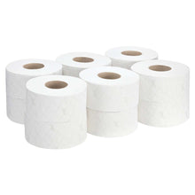 Twelve rolls of Scott® Essential™ toilet paper from Kimberly-Clark GmbH are arranged on a plain white background and each wrapped in subtly patterned paper.