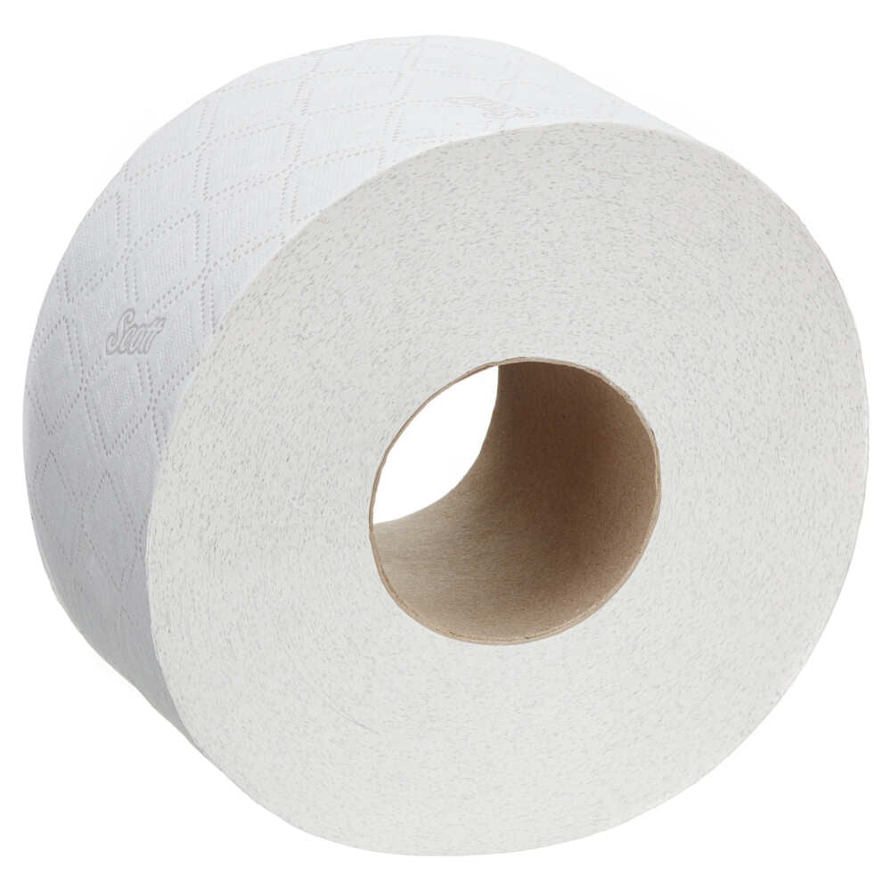 Eine große Rolle Scott® Essential™ Toilettenpapier - Jumbo/Weiß von Kimberly-Clark GmbH mit Pappkern und feiner Rautenstruktur, 12 Rollen x 526 Blatt pro Karton.