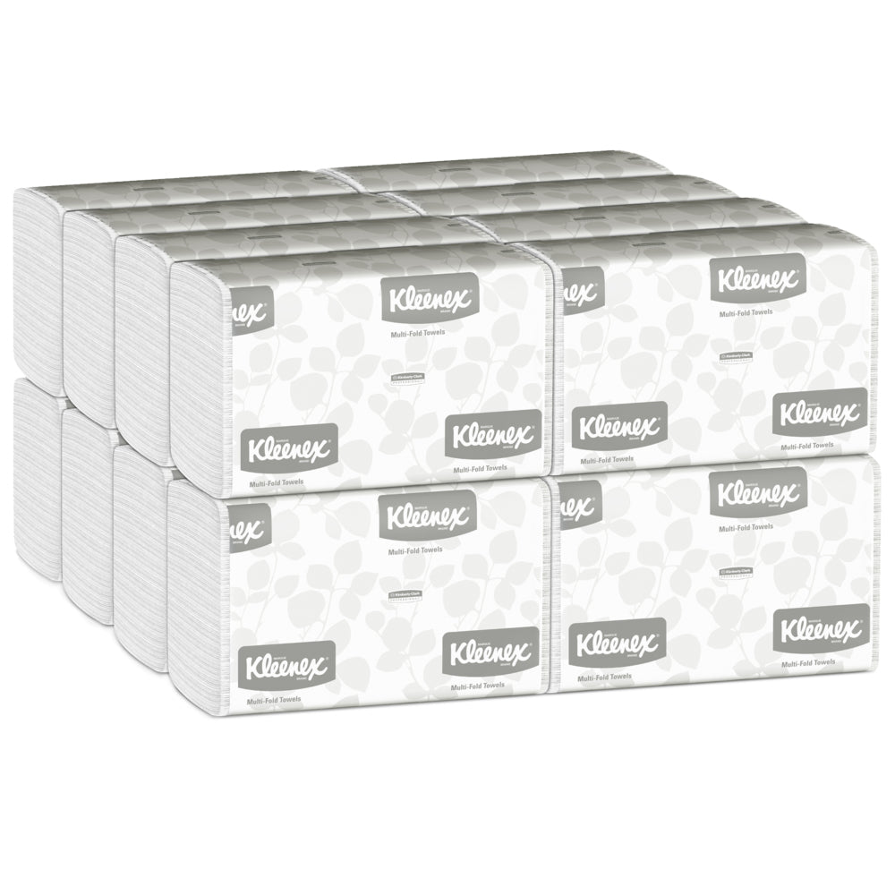 A carton with 16 packs of Kleenex® Hand Towels MultiFold White, each with the Kleenex logo and light gray pattern, by Kimberly-Clark GmbH - ideal for washrooms needing reliable multi-fold hand towels (16 x 150 sheets).