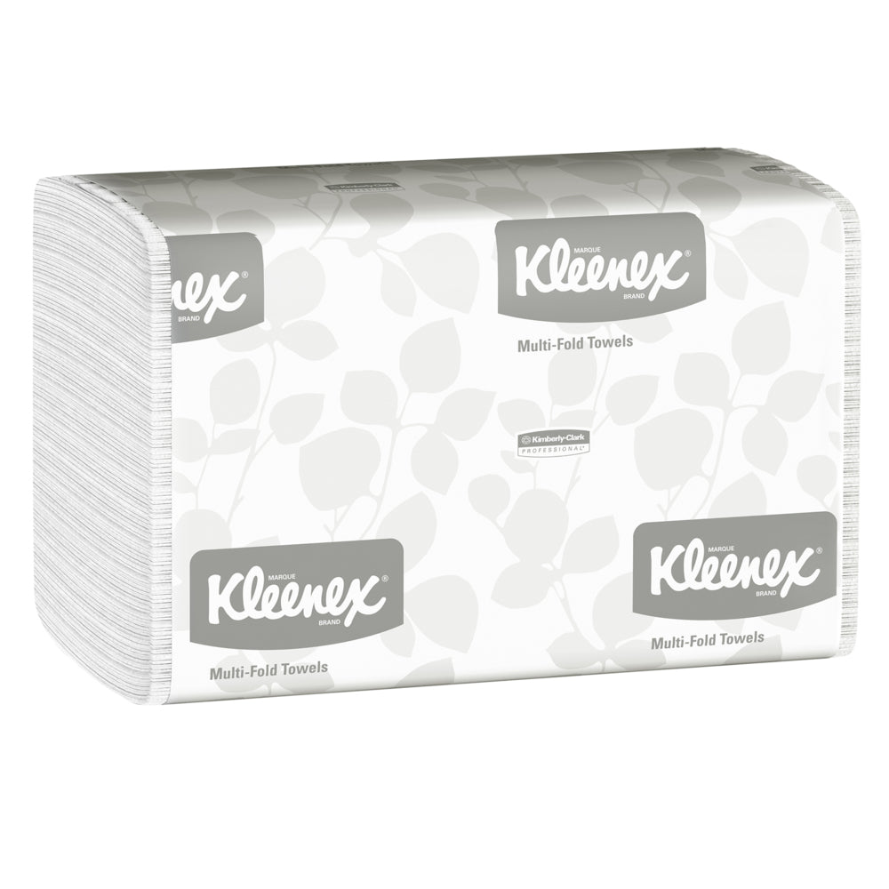 A stack of Kleenex® Hand Towels - MultiFold in white, packaged by Kimberly-Clark GmbH (16 packs x 150 sheets), with leaf-patterned branding packaging with the inscription "Multi-Fold Towels" - perfect for washrooms.