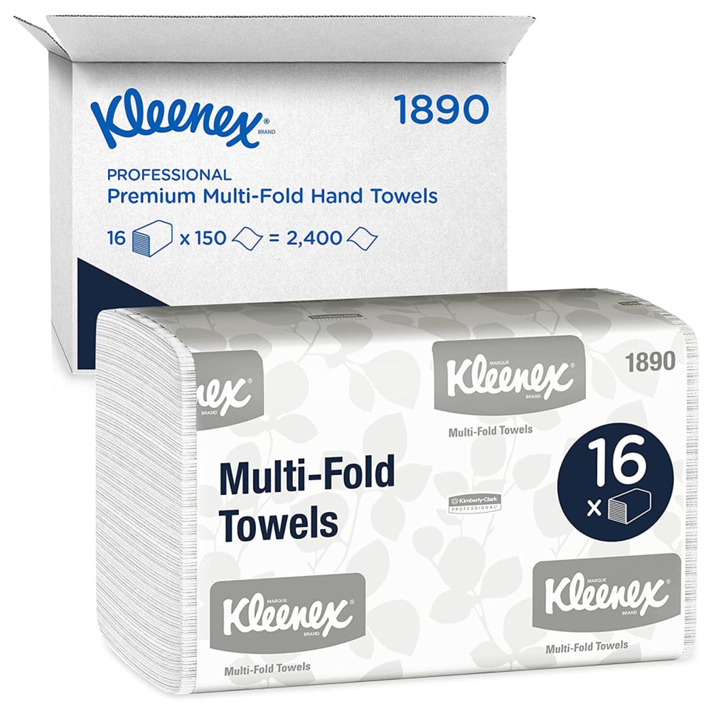 Kleenex® Hand Towels - MultiFold / White / Medium by Kimberly-Clark GmbH: 16 packs x 150 sheets (2,400 towels) in a carton, ideal for washrooms. White packaging with blue-gray lettering.