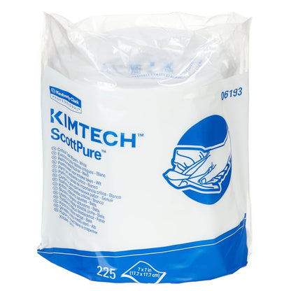 Eine Schachtel Kimtech® Wischtücher - Zentralentnahme von Kimberly-Clark GmbH enthält 6 Rollen mit je 225 weißen Tüchern, mit blau-weißem Branding und einer Handwisch-Illustration für eine effektive Reinigung.