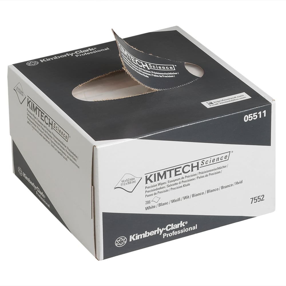 Pictured is a white-gray Kimberly-Clark GmbH Kimtech® Science precision wipes dispenser box (small, 30 boxes x 286 wipes) with a partially pulled out wipe, featuring the trademark and product information.