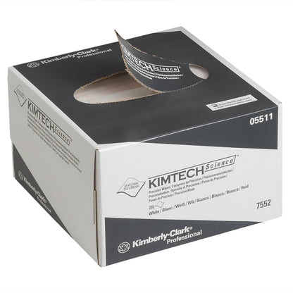 Pictured is a white-gray Kimberly-Clark GmbH Kimtech® Science precision wipes dispenser box (small, 30 boxes x 286 wipes) with a partially pulled out wipe, featuring the trademark and product information.