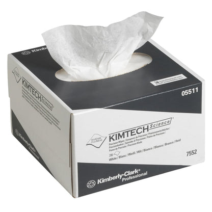 A white rectangular Kimtech® Science precision wipes box (Kimberly-Clark GmbH) with a partially pulled out lint-free wipe; ideal for cleaning in laboratories. Product information and brand appear on the small 286-sheet dispenser box.