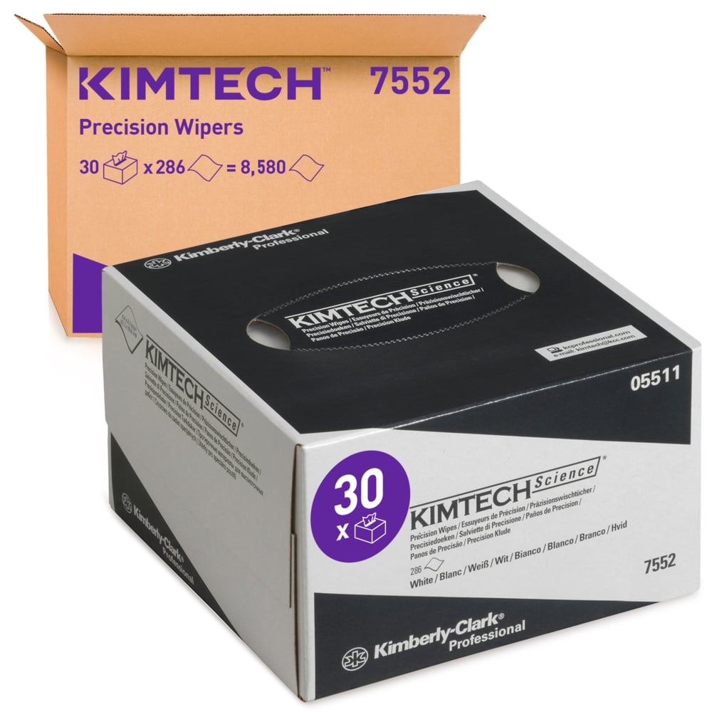 A white Kimtech® Science precision wipes dispenser box (30 cartons x 286 sheets) from Kimberly-Clark GmbH stands behind a brown box. These lint-free wipes are ideal for laboratories and cleaning.
