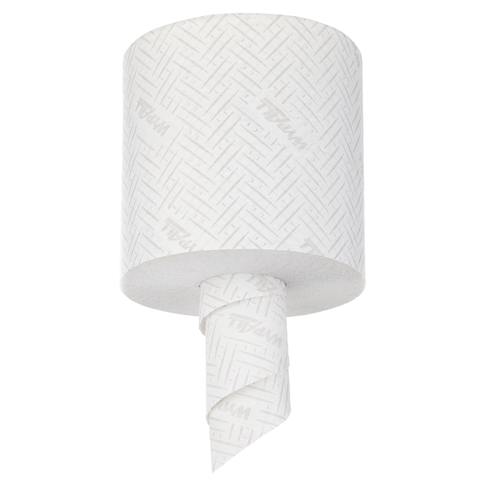 Eine weiße WypAll® L20 Papierwischtuchrolle (Kimberly-Clark GmbH) für Instandhaltungsarbeiten hängt senkrecht; ihre strukturierte, leicht gebrandete Oberfläche ist sichtbar und das lose Ende rollt sich nach unten. Packung: 6 Rollen x 400 Blatt, Zentralentnahme.