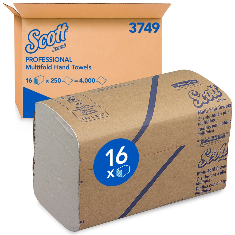 A pack of Scott® Hand Towels - MultiFold / White from Kimberly-Clark GmbH is pictured in front of a carton labeled with the brand, product name, and 16 packs of 250 sheets each.