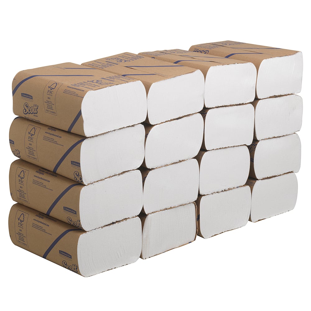 A stack of Scott® Hand Towels - MultiFold / White (16 clips x 250 sheets) from Kimberly-Clark GmbH is arranged in three rows, with the Scott label visible on each white paper towel pack.