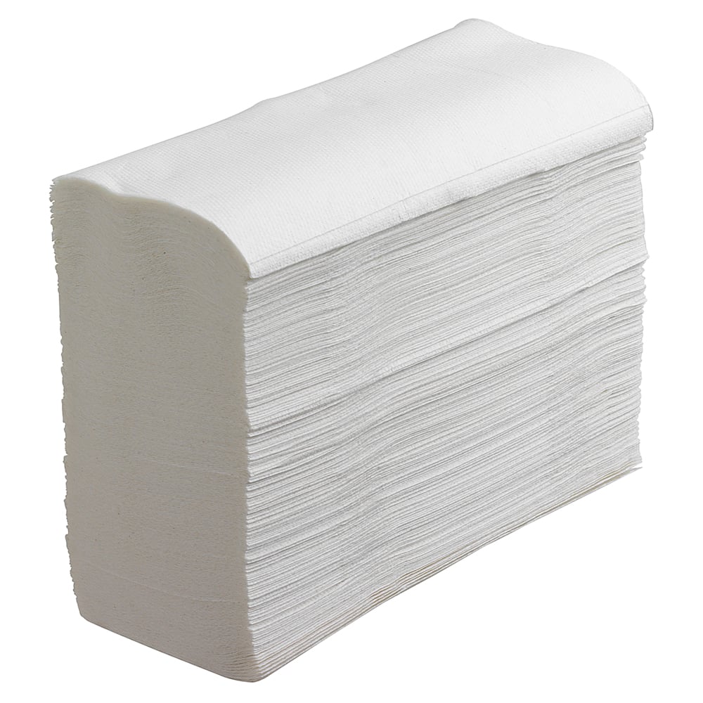 A stack of Scott® Hand Towels, MultiFold/White from Kimberly-Clark GmbH (16 clips x 250 sheets), is neatly folded and arranged upright in a rectangular block, highlighting the textured paper towels in a standing position.