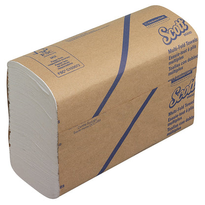 A stack of Scott® Hand Towels - MultiFold, white, 16 clips x 250 sheets (carton), from Kimberly-Clark GmbH, with partially visible absorbent paper towels at the end of the white packaging.