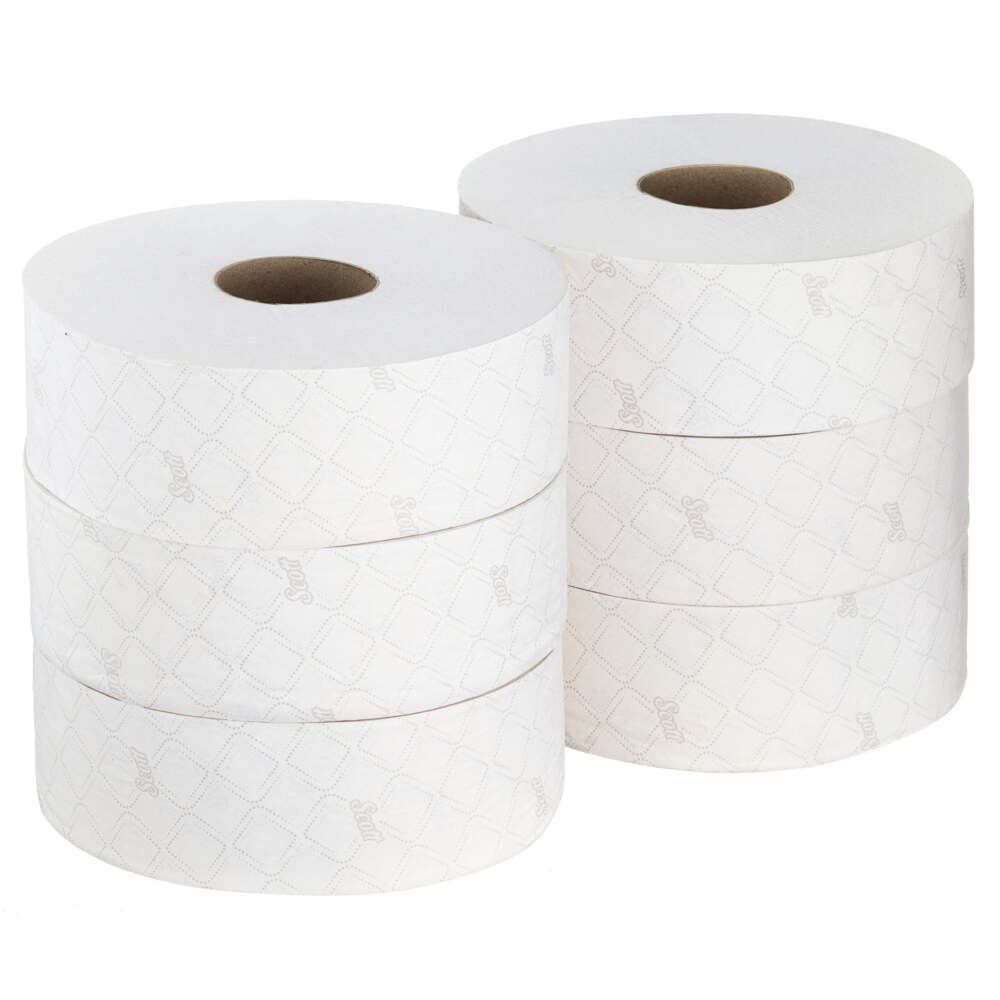 Six white rolls of Scott® ESSENTIAL™ Jumbo Toilet Paper from Kimberly-Clark GmbH, each with 1,053 sheets and a subtle diamond pattern, are stacked against a plain white background. Carton contains 6 rolls.
