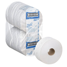 A transparent plastic packaging contains six white rolls of Scott® ESSENTIAL™ Jumbo Toilet Paper from Kimberly-Clark GmbH. Each roll is embossed with a subtle pattern that provides additional softness and quality.