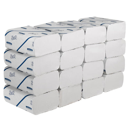 A stack of Scott® Hand Towels - Narrow-Fold / White by Kimberly-Clark GmbH, in white and blue partial packaging, arranged in 4x4 rows - ideal for hygienic hand drying with its practical narrow-fold design.