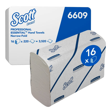 A pack and a stack of Scott® Hand Towels - Narrow-Fold / White by Kimberly-Clark GmbH; 16 packs with 220 towels (3,520 total) for hygienic hand drying. White packaging with blue text and branding.