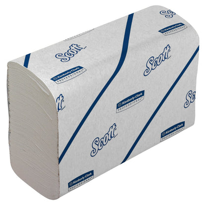 A stack of Scott® Hand Towels - Narrow-Fold / White by Kimberly-Clark GmbH, folded in a rectangular shape and packaged in branded packaging with blue diagonal lines, ideal for hygienic hand drying.