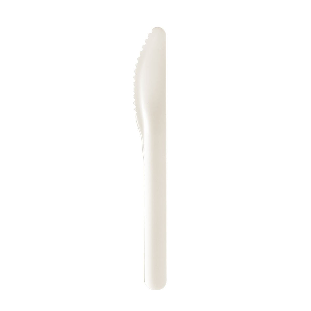 A PLUMA paper fiber knife 165 mm from Duni GmbH stands vertically against a white background. The knife made of white paper is environmentally friendly, biodegradable, and has a smooth handle as well as a serrated edge. Pack of 100 pieces.