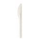 A PLUMA paper fiber knife 165 mm from Duni GmbH stands vertically against a white background. The knife made of white paper is environmentally friendly, biodegradable, and has a smooth handle as well as a serrated edge. Pack of 100 pieces.