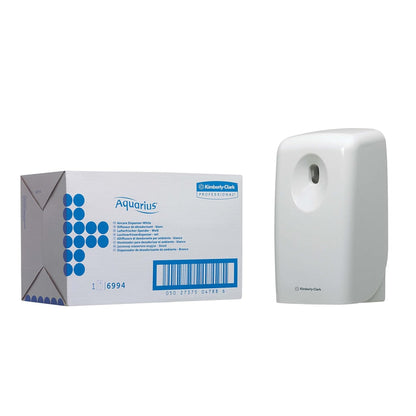 A white Aquarius™ air freshener from Kimberly-Clark GmbH stands next to its branded box, offering fresh air solutions for any room.