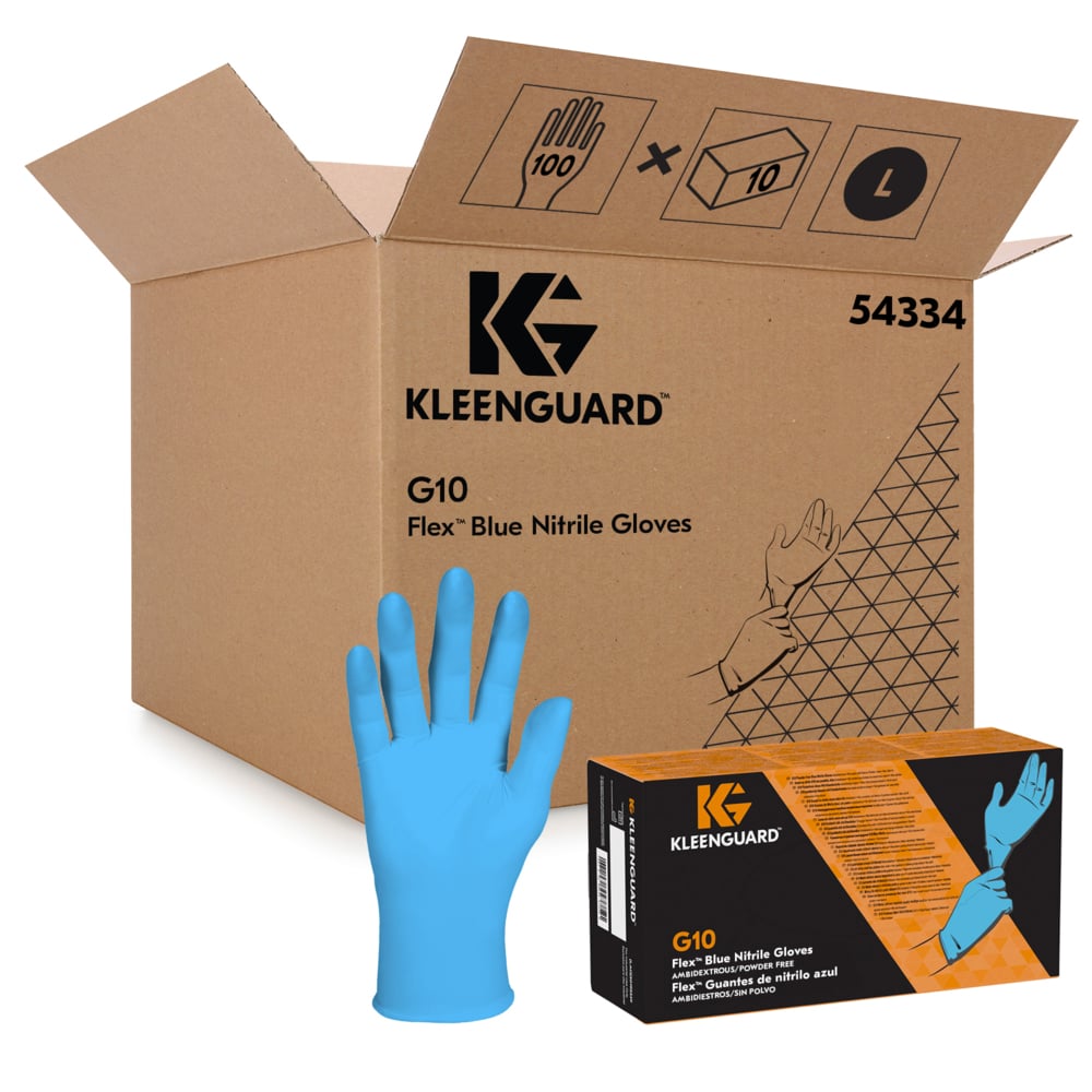 Ein Karton mit der Aufschrift Kimberly-Clark GmbH KleenGuard® G10 FleX Nitril-Handschuhe - 24 cm, beidhändig tragbar, mit einem abgebildeten blauen Handschuh, sowie ein kleinerer Karton mit Einweg-Handschuhen und Größen-/Mengenangaben auf Chemikalienschutzverpackungen.