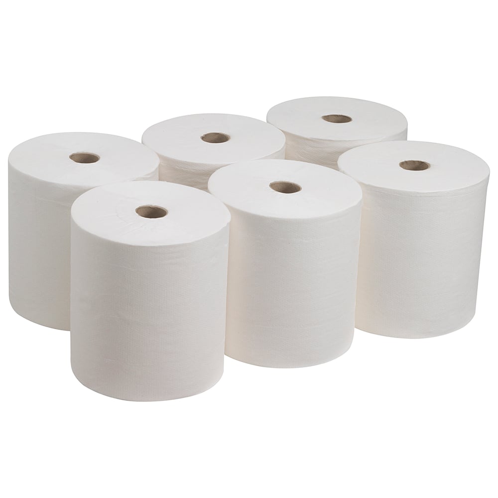 Six large white Kleenex® Ultra™ hand towels from Kimberly-Clark GmbH (6 rolls) are arranged in two rows of three on a solid background. Each unused roll, ideal for hygienic hand drying, features a central cardboard tube.