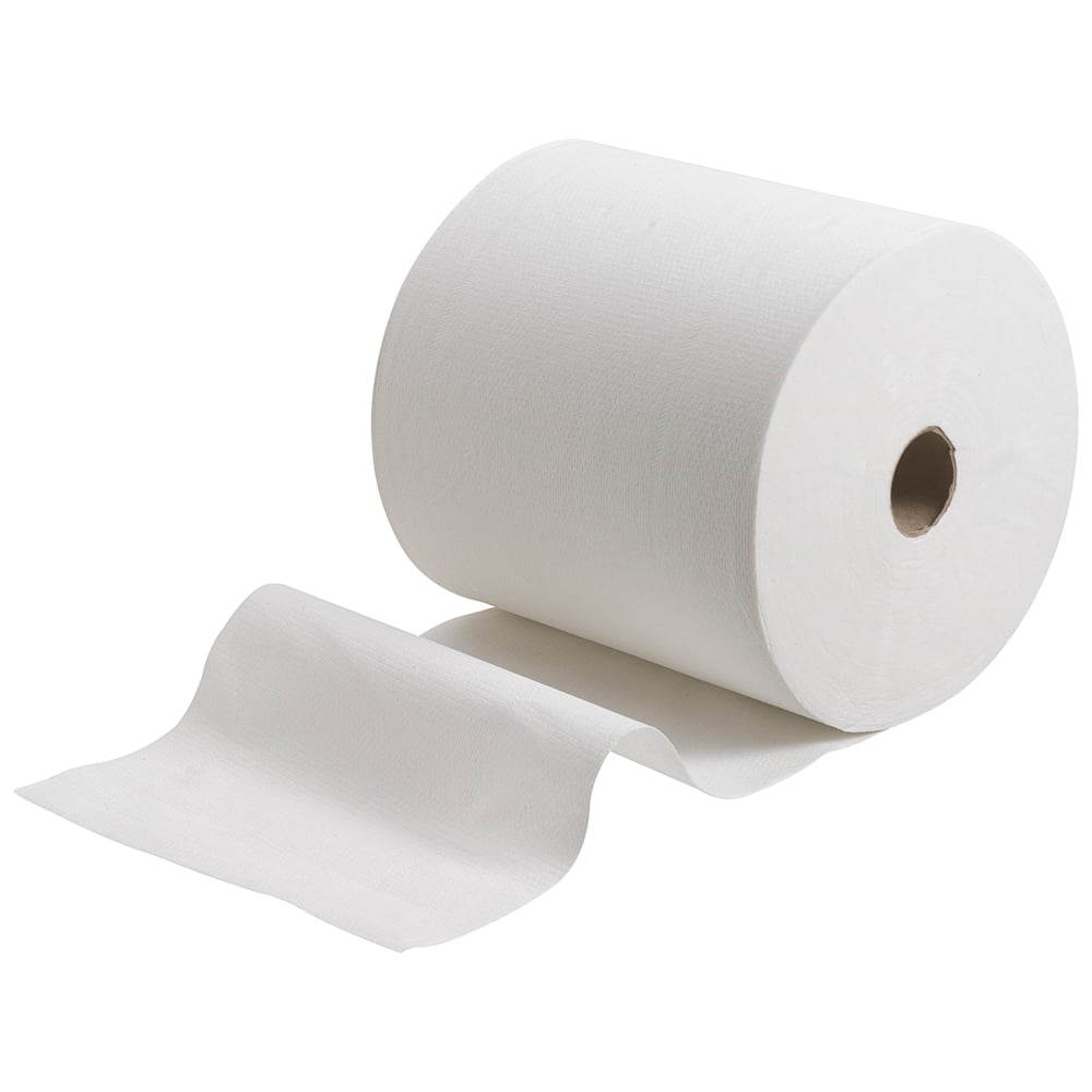 The Kleenex® Ultra™ hand towels - roll from Kimberly-Clark GmbH, depicted with unrolled sheets on a white background, offers hygienic hand drying. The package contains 6 white rolls, ideal for use in washrooms.