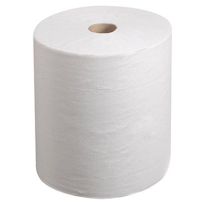 A Kleenex® Ultra™ hand towel roll from Kimberly-Clark GmbH in white stands upright with a visible brown cardboard core against a white background. 6 rolls per carton. Ideal for hygienic hand drying.