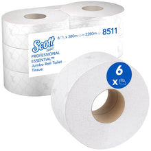 Scott® Essential™ toilet paper Maxi Jumbo by Kimberly-Clark GmbH: 6 white rolls (380 sheets/roll) in a box, each with a quilted pattern. The packaging displays all product details and "6 rolls" for easy identification.