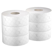 Six white Scott® Essential™ Maxi Jumbo toilet rolls by Kimberly-Clark GmbH with a subtle diamond pattern are stacked on a white background - ideal for high-traffic areas that require more capacity than standard packs.