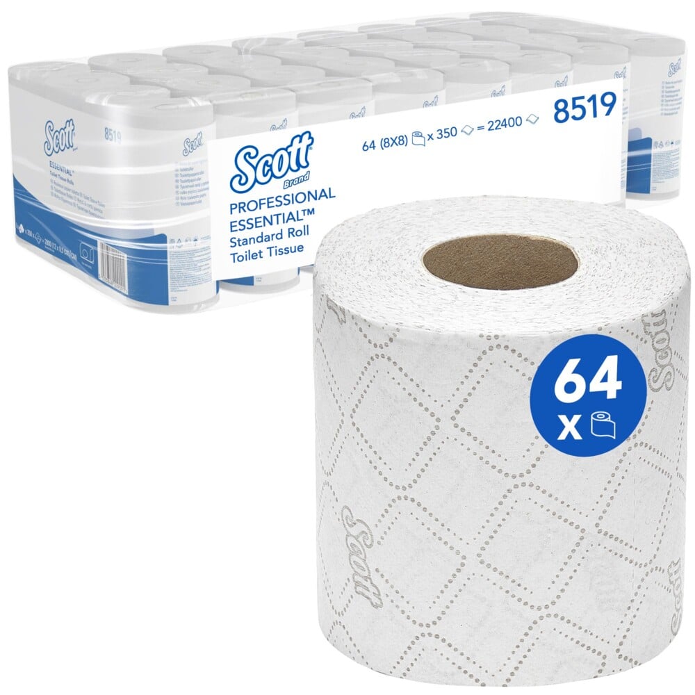 The Scott® Essential™ toilet paper from Kimberly-Clark GmbH contains 8 packs of 8 small rolls each, totaling 64 rolls with 350 sheets per roll. One roll is depicted on the front, and the packaging highlights the branding and quantity information.
