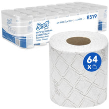 The Scott® Essential™ toilet paper from Kimberly-Clark GmbH contains 8 packs of 8 small rolls each, totaling 64 rolls with 350 sheets per roll. One roll is depicted on the front, and the packaging highlights the branding and quantity information.